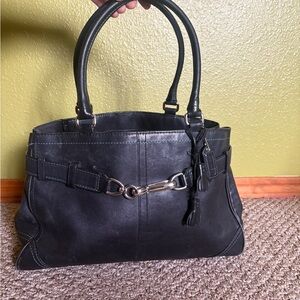 Coach Vintage Black Leather Tote Handbag with Silver Hardware